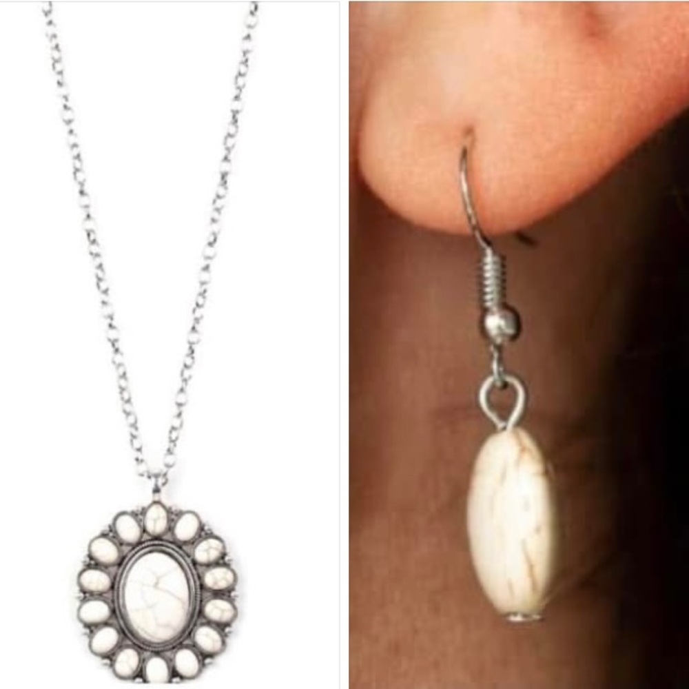 NIP Rancho Roamer Long White Crackle Stone Fashion Jewelry Necklace & Earrings